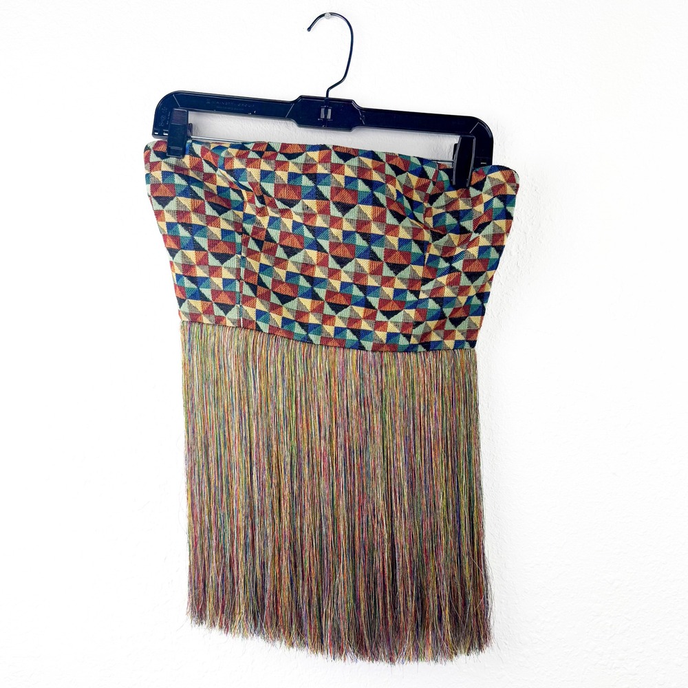 Beivy Women Multi Color Geometric Tapestry Fringe Tube Top Strapless BT2027B M